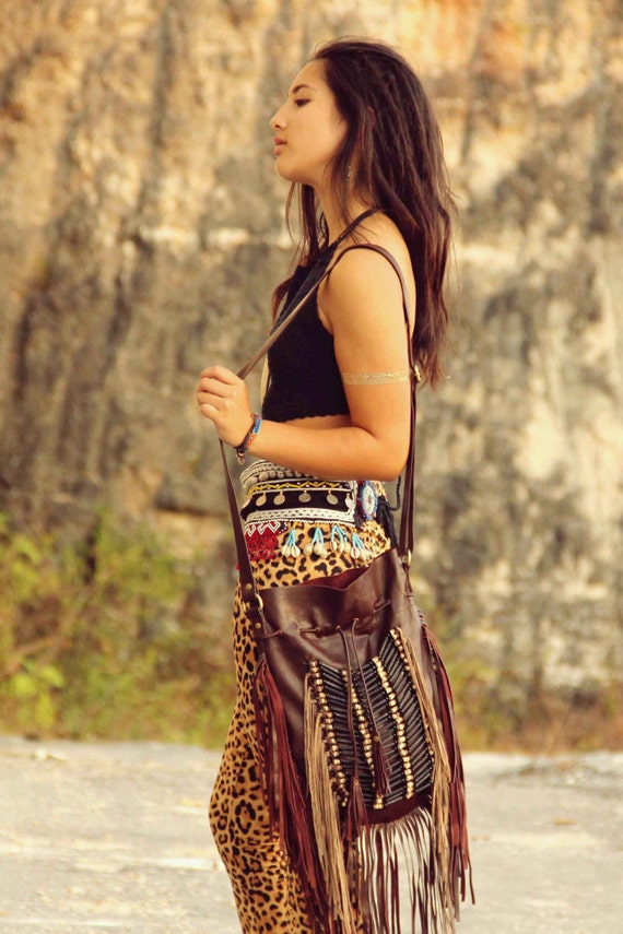 Brown Leather Bag With Black and Brown Choker, Fringed Boho Bag, Bohochic,  Shoulder Bag, Leather Purse 