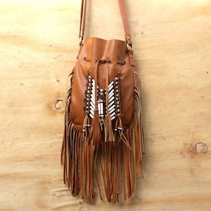 Tassel leather bag, boho tan leather purse, fringed handbag,