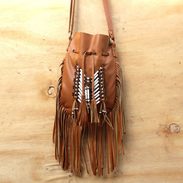 Bolso de cuero de borla, bolso de cuero bronceado boho, bolso con flecos,