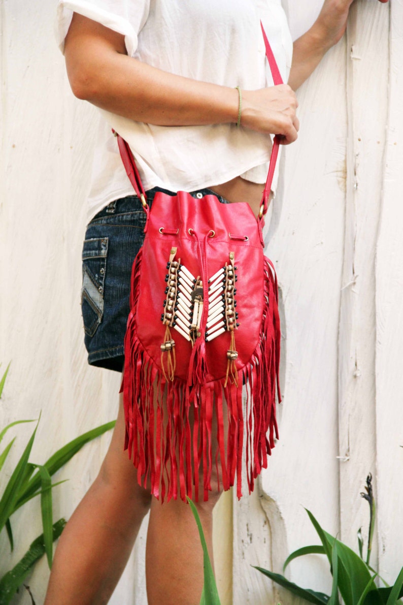 Boho Fringe Leather Bag Red Leather Purse Medium Size Etsy