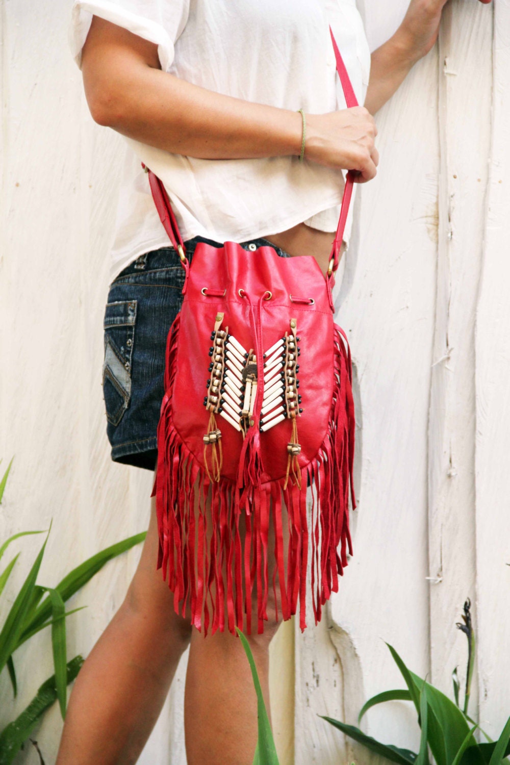 Boho Womens Red Leather Fringe Handbags Purse Small Shoulder Bag for Women, Red
