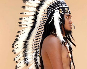 Indian headdress replica black and white feathers, medium length