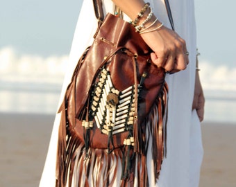 Brown leather bag, medium size, boho purse, fringe handbag, leather shoulder bag