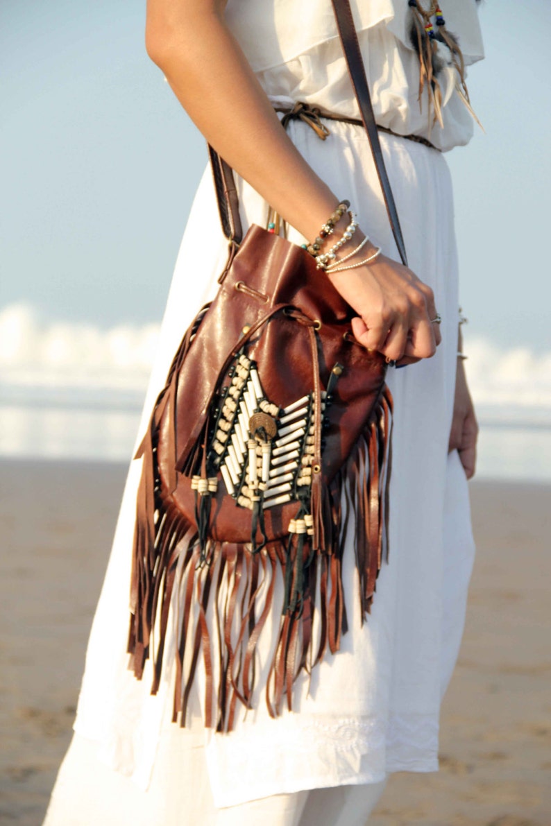 Brown Leather Bag Medium Size Boho Purse Fringe Handbag Etsy