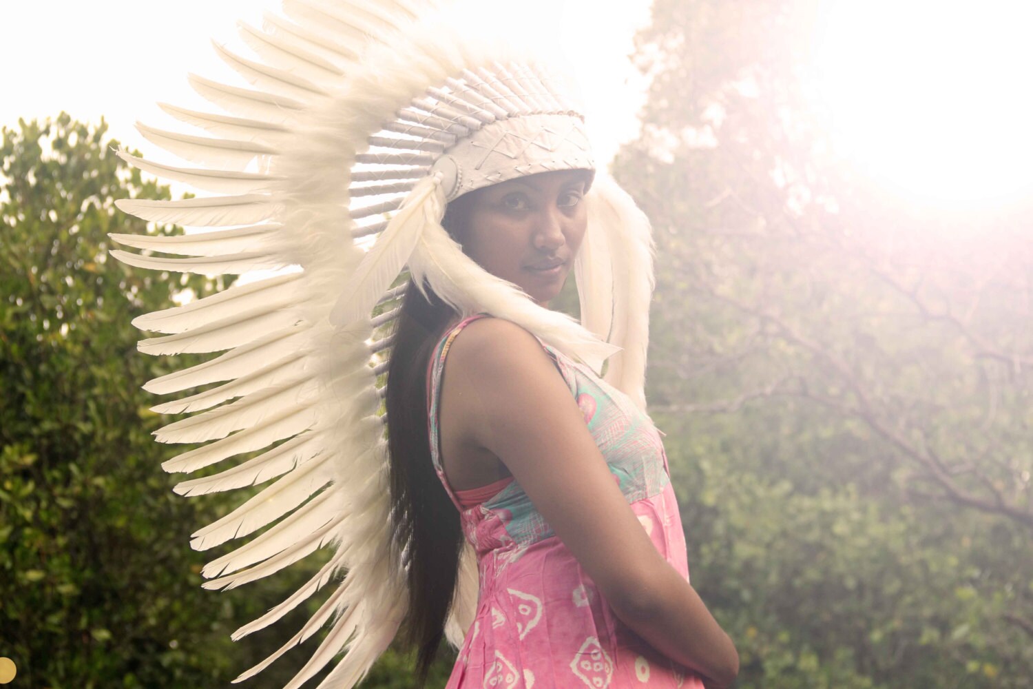 White Feather Headdress Medium Length 