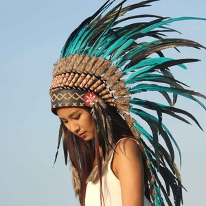Boho huvudbonad, superlång längd. Chief War Bonnet, indisk huvudbonad replika bild 4