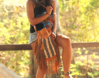 Tan Leather Fringe Bag, Boho Bone Bead Decor, Handmade
