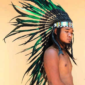 Indian headdress replica, medium length feathers headdress, black and green warbonnet, native american inspired image 3