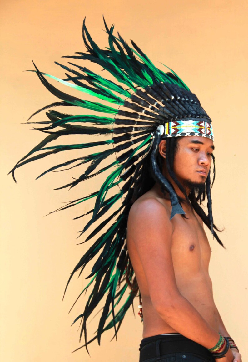 Indian headdress replica, medium length feathers headdress, black and green warbonnet, native american inspired image 3