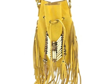 Bolso de cuero con flecos amarillos, bolso boho, bolso boho