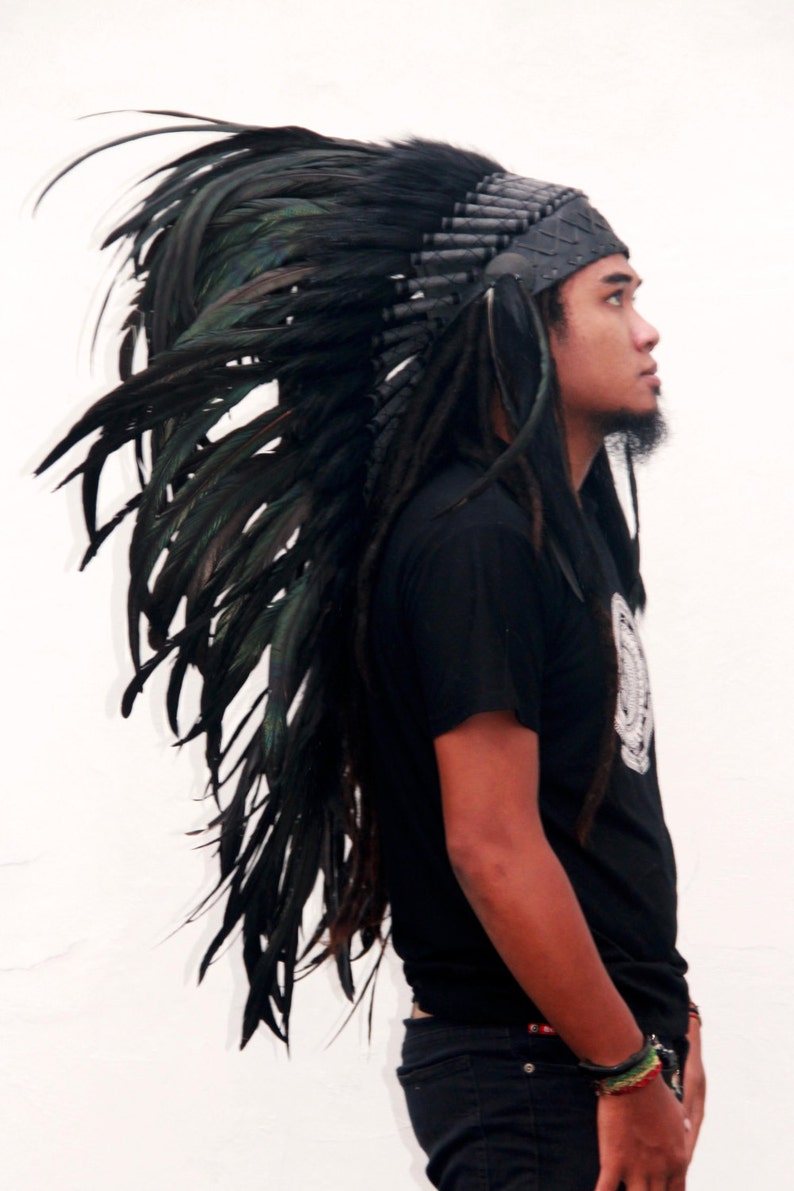 Black Feather indian headdress replica medium lenght image 2