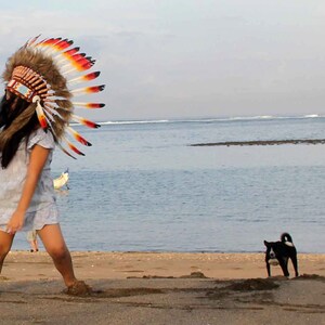 Puede incluir: Una persona joven con un tocado nativo americano colorido camina por una playa de arena con un perro blanco y negro en el fondo.