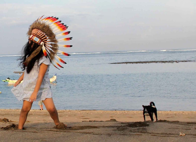 Puede incluir: Una persona joven con un tocado nativo americano colorido camina por una playa de arena con un perro blanco y negro en el fondo.