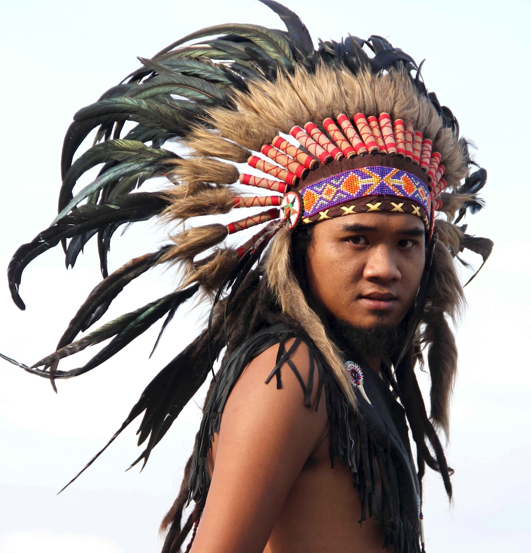 Feather Headdress: Short Warbonnet, Native American Style - Etsy display picture 1