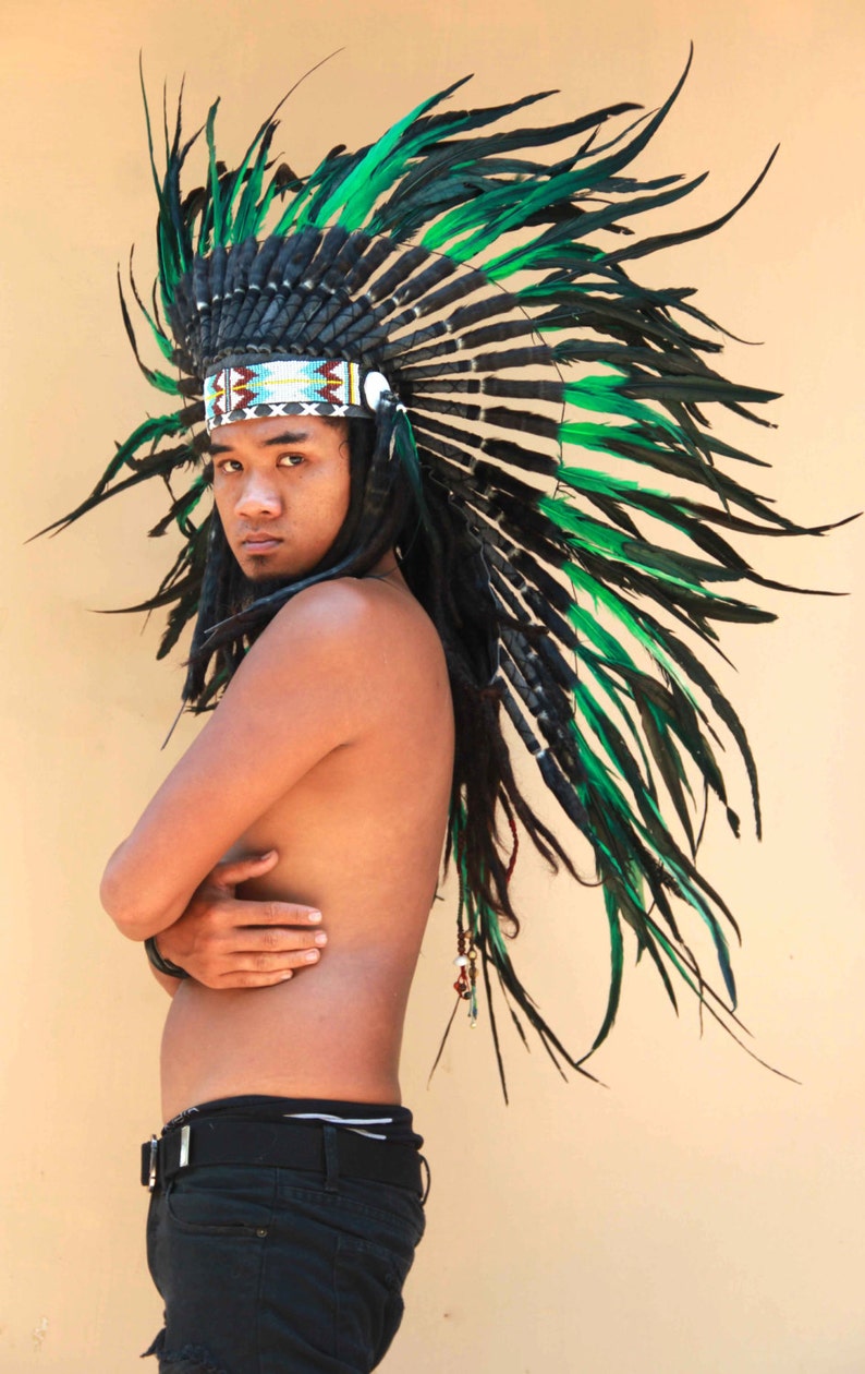 Indian headdress replica, medium length feathers headdress, black and green warbonnet, native american inspired image 1