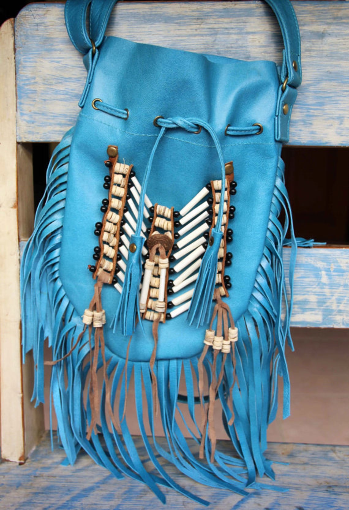 Fringed leather bag boho style turquoise leather purse gypsy | Etsy
