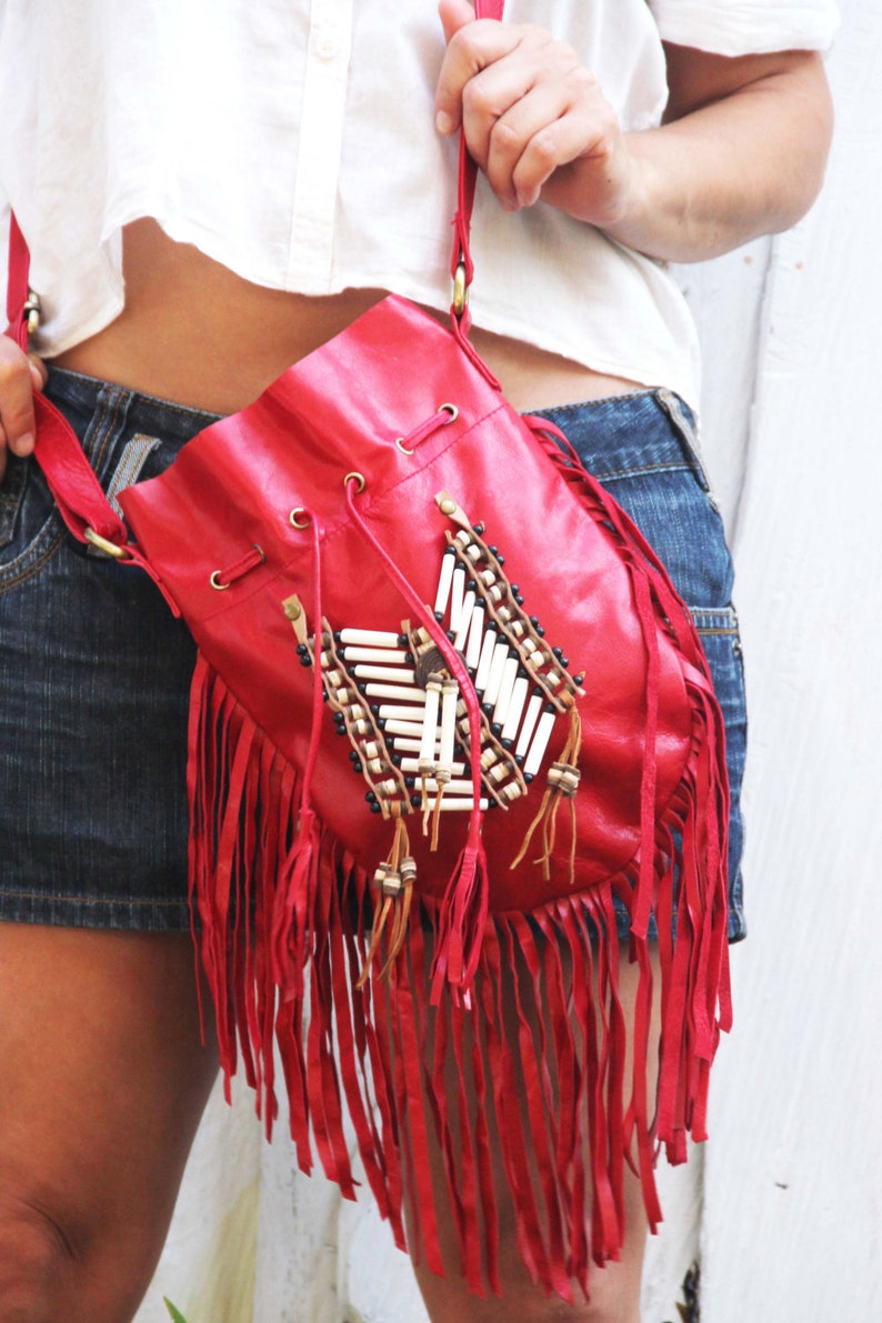 Boho Fringe Leather Bag Red Leather Purse Medium Size Etsy