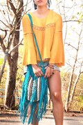 Boho  leather bag, turquoise fringe purse, large size, crossbody bag product logo
