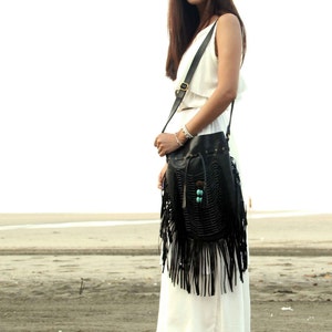 Black leather bag, leather fringe bag, boho bag, bohemian bag, gypsy bag image 3