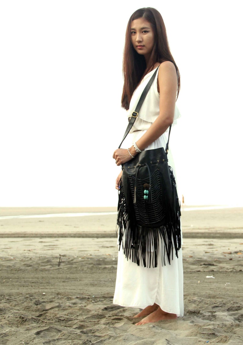 Black leather bag, leather fringe bag, boho bag, bohemian bag, gypsy bag image 3