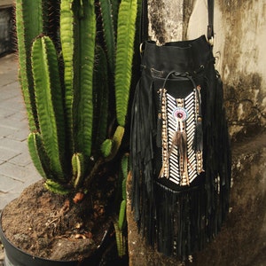 Black leather bag, fringe bag, boho bag, gypsy bag image 3