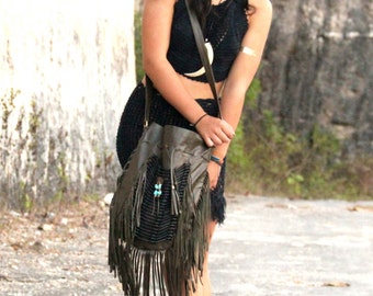 Fringe leather bag, boho purse, green olive, shoulder bag, large size