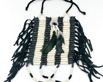 Bone chocker indian style, black and white bone breastplate, fringe necklace, bone necklace