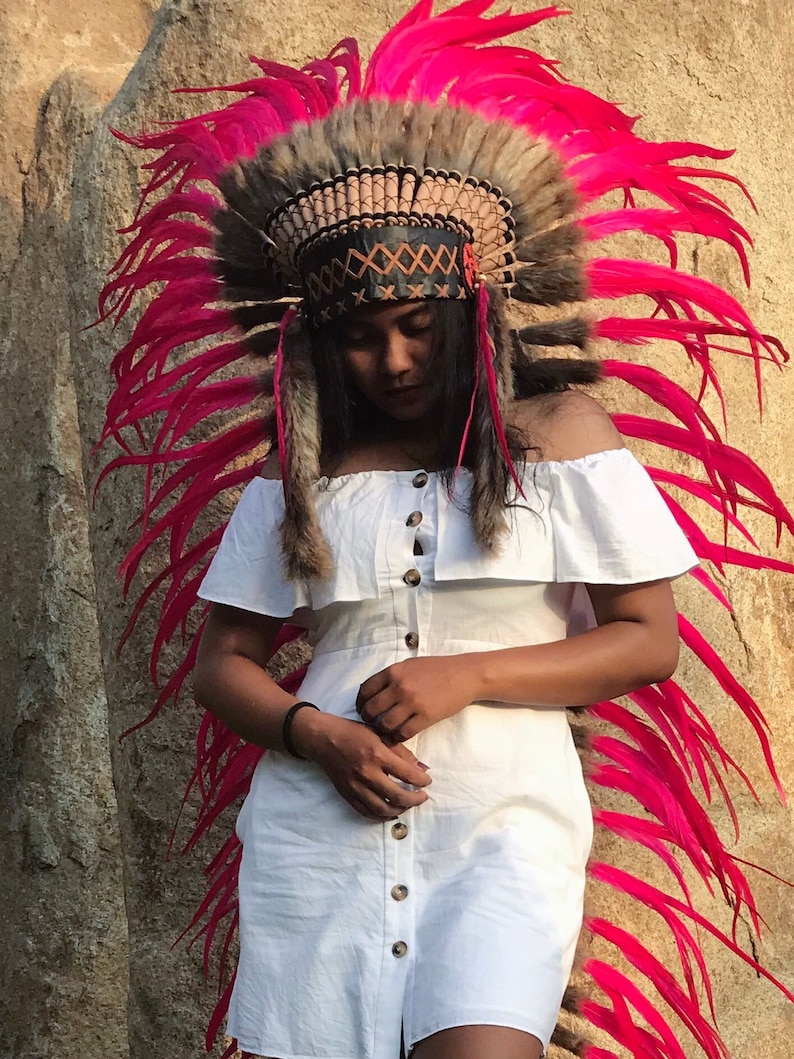 ADJUSTABLE Native American Indian Style Pink Rooster Long Feather Headdress