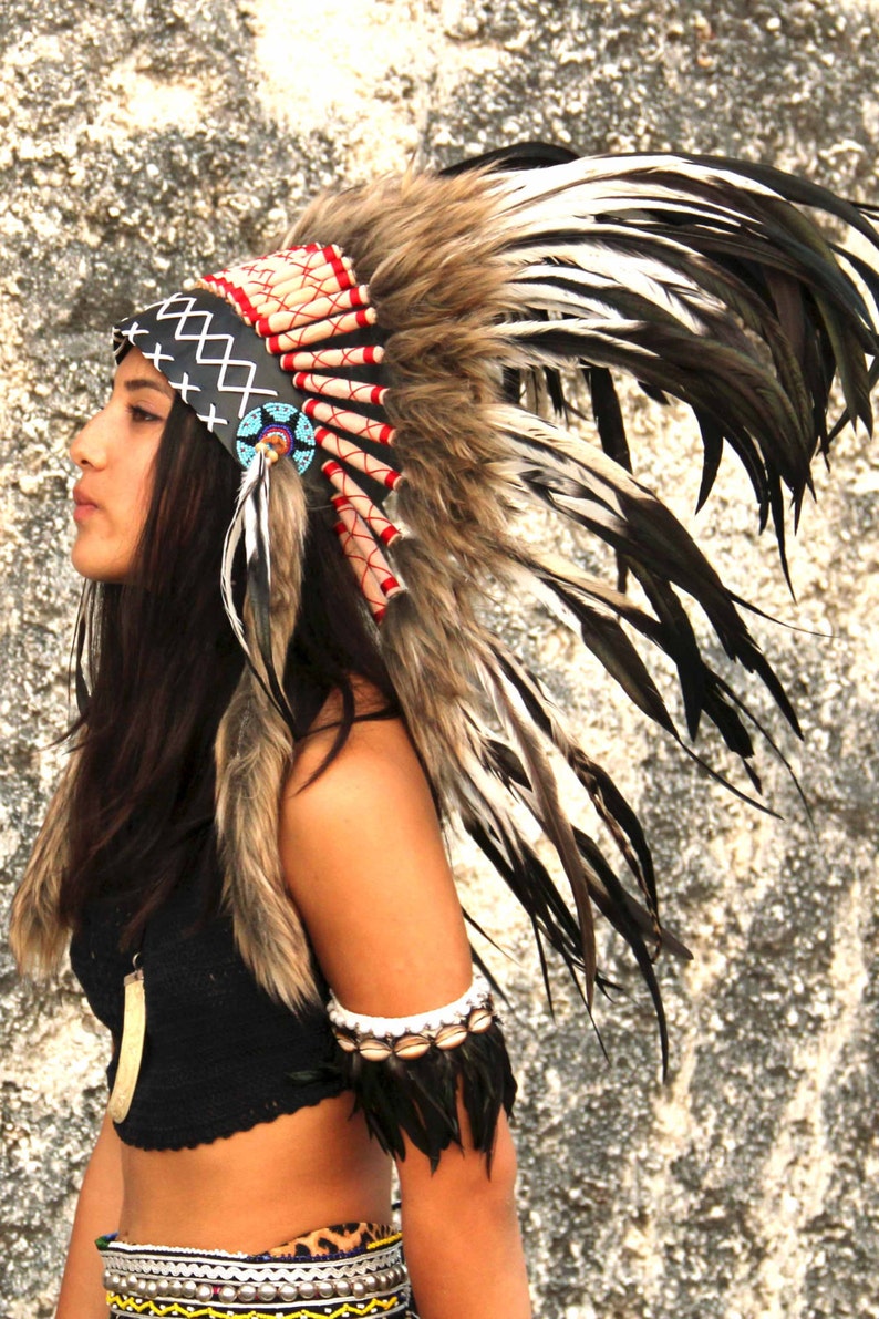 Feder Fascinator / Warbonnet Indianer Stil - Weiß & Schwarz, Für Halloween Oder Kostüme
