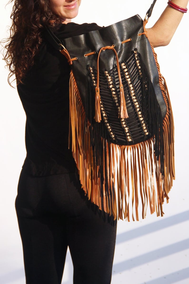Boho leather bag black leather bag with tan fringes and black Etsy