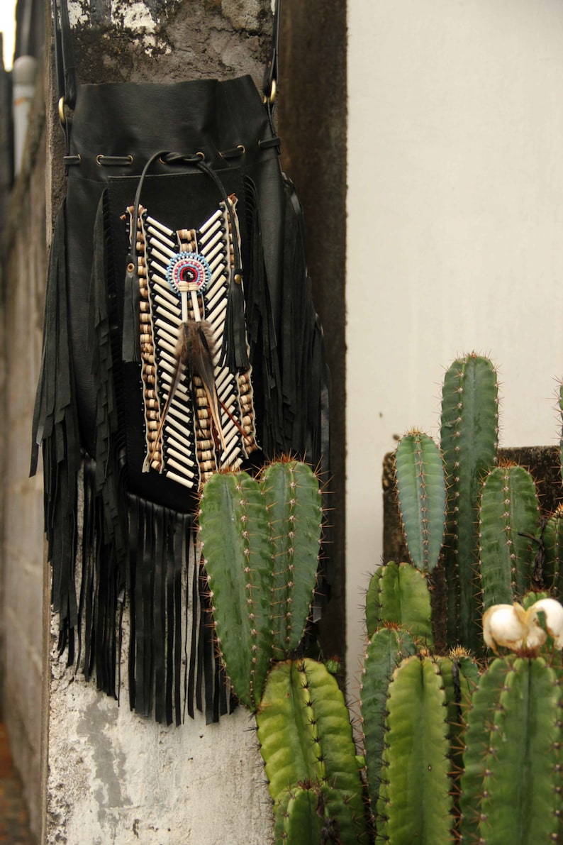 Black leather bag, fringe bag, boho bag, gypsy bag image 1