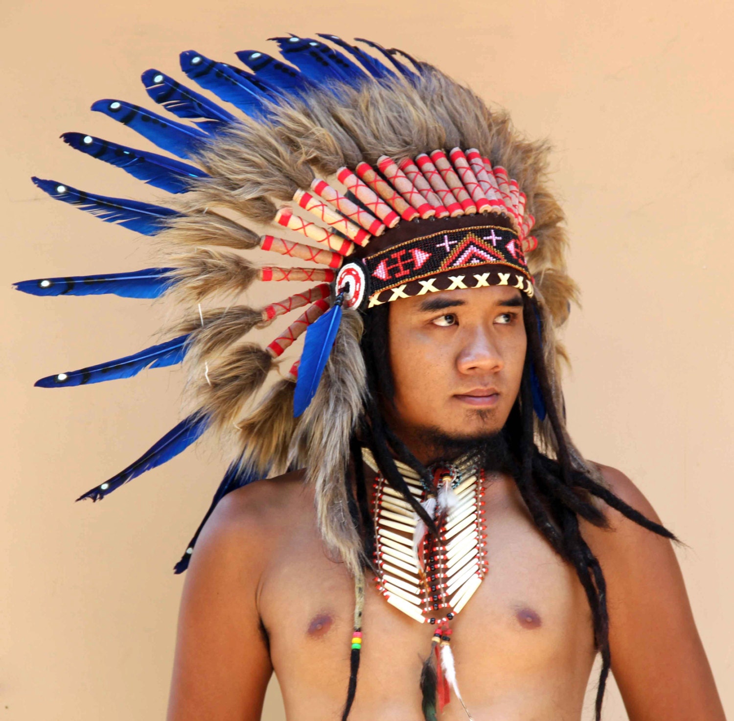 ON SALE Blue Feathers Indian Headdress 