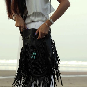 Black leather bag, leather fringe bag, boho bag, bohemian bag, gypsy bag image 5