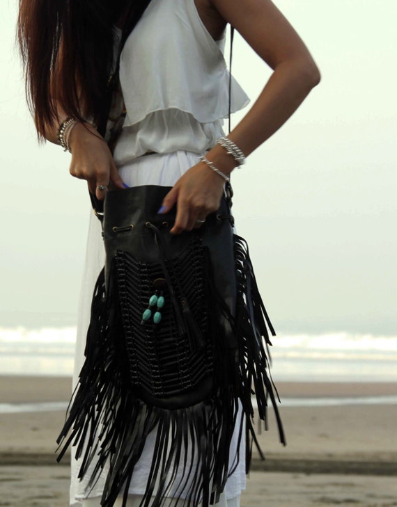 Boho Black Leather Fringe Crossbody Purse 