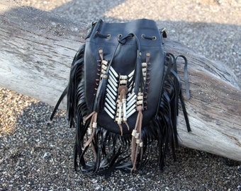 Boho Black Leather Fringe Bag: Handmade Shoulder Bag with Bone Beads