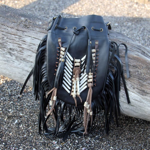 boho leather bag, black, medium ,fringed bag, leather purse, fringe leather shoulderbag