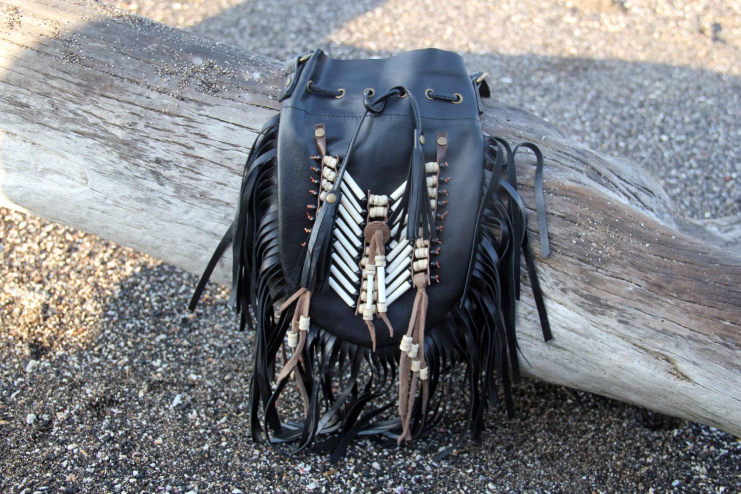 Boho Leather Bag Black Medium fringed Bag Leather Purse Etsy