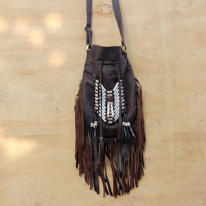 Boho fringed leather bag, antique brown, leather handbag