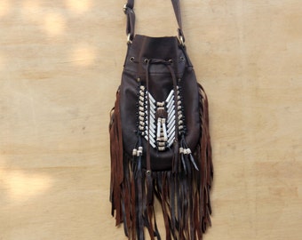 Boho fringed leather bag, antique brown, leather handbag