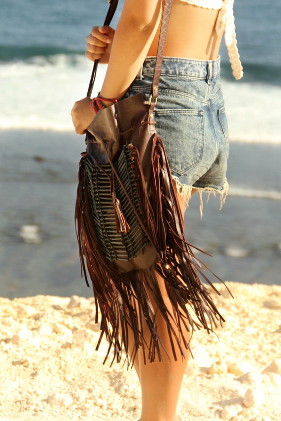 Boho Fringe Leather Bag Dark Brown With Black Bone Choker 