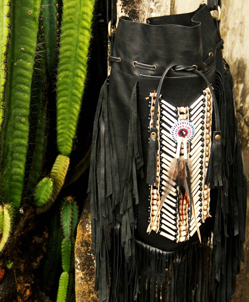 Black leather bag, fringe bag, boho bag, gypsy bag image 4