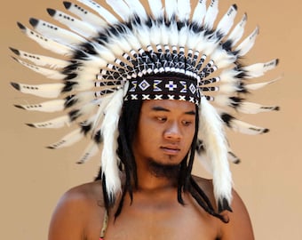 indian headdress replica, black and white, short length