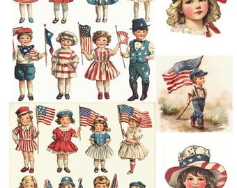 Patriotic Vintage Children printable page with 19 vintage images for your junk journals, ephemra, crafting, scrapbook pages and more