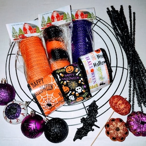 Halloween  Deco Mesh Craft Supply Kit 14&quot; metal wreath frame ribbon accessories kit