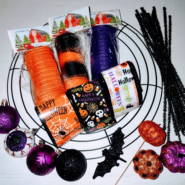 Halloween  Deco Mesh Craft Kit 14" metal wreath frame ribbon accessories kit