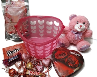Valentines Day Gift Basket for Women, Men, Teens, Students Cute Heart Bucket Filled with Chocolates, Teddy Bear, Bath Salts, Candy and More!