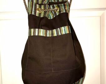 Brown Drawstring Backpack-Brown With Striped Trim by Uniquely Yours