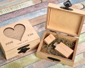 Set van 5, Gepersonaliseerd cadeau, huwelijkscadeau, laser gegraveerd, USB Flash Drive, USB Box, Houten USB, Houten Doos, Aandenken Doos, Bruidsdouche