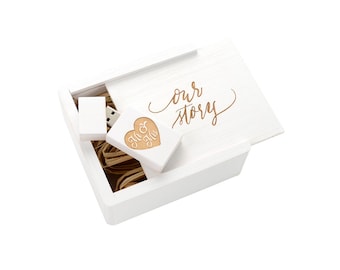 Wedding Box - White Wash USB 2.0 Flash Drive with Laser Engraved Wooden Box - "Our Story" Script Design!