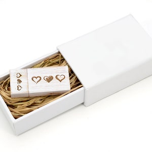 Wooden Maple White Washed USB Flash Drive - Laser Engraved 3 Hearts Design - Packaged in a handmade white paper box